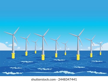 Wind power plant with many wind generators in the sea among the waves. Green energy. Protection of ecology and environment. Horizontal vector illustration.