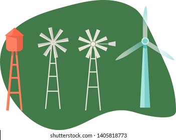 Wind power plant on green grass. Renewable energy vector illustration. Nature and ecology related vector illustration in flat style.
