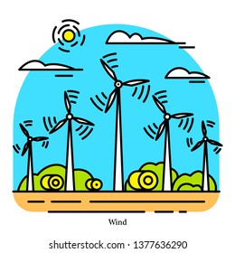 Wind power plant. Powerhouse or electric generating station. Industrial building icon. Air flow and turbines. Ecological sources of Electricity and Energy.
