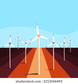 Wind power plant. Wind turbines. Renewable energy vector design. Green energy industrial concept.