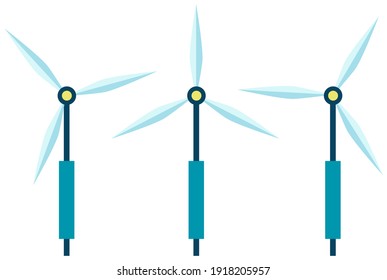 Wind power station for electricity production without harm to environment vector illustration. Windmills during work isolated on white background. Equipment for environmentally friendly energy
