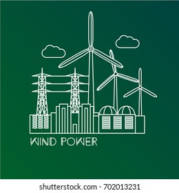 Wind power station. Linear illustration in a flat style. City infographics set. All types of power stations. System with transmission tower, wind turbines and generator. One line design