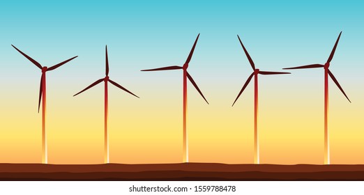 Wind Power Turbine Field with Golden Light Horizon