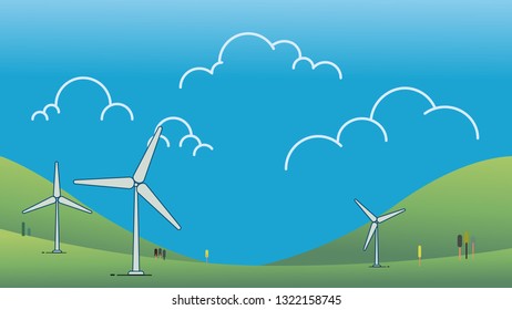 Wind power turbine on hill with sky Vector illustration.Green energy concept.Modern cartoon Nature landscape with wind turbine design.Ecology environmental background.