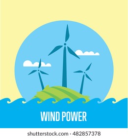 Wind power vector illustration. Wind turbines in green field on background of blue sky. Ecological types of electricity. Natural landscape. Eco generation. Renewable resources concept.