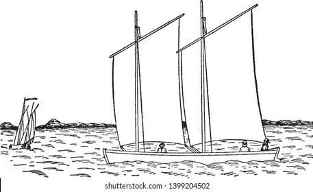 Wind Powered Sailboat with square rigged masts known as a brig, vintage line drawing or engraving illustration.