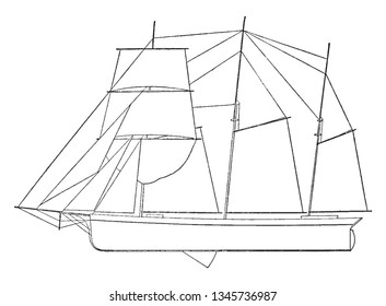 Wind Powered Sailboat used by the Dutch in the 16th and 17th centuries and later refined in North America from the early 18th century, vintage line drawing or engraving illustration.