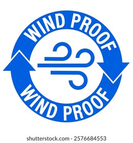 Wind proof label sign, with the symbol inside a circle made of blue curved arrows. Text. 
