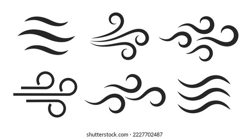 Wind puff icons, breeze vector symbols on white background. Strong windy weather pictograms, web design elements.