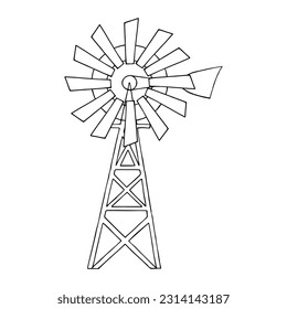Wind pump in doodle style. Coloring book for children. Freehand drawing. Doodle. Hand Drawn. Outline.	