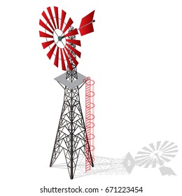 Wind pump for pumping of water on farm. Home wind power plant for power generation. Technical industrial agriculture building with metal construction. Master vector windmill illustration.