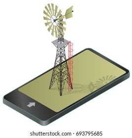 Wind pump for pumping of water on farm in mobile phone. Home wind power plant for power generation in communication technology, paraphrase. Industrial agriculture building.Vector windmill illustration