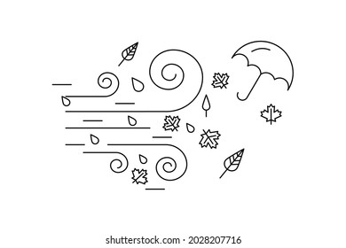 Wind, rain drops, leafs and umbrella. Welcome to autumn. Line art vector illustration on white background.