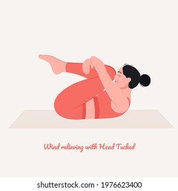 Wind relieving with Head Tucked Yoga pose. Young woman practicing yoga  exercise. Woman workout fitness, aerobic and exercises. Vector Illustration.