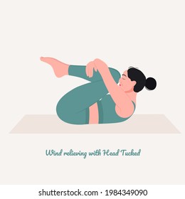 Wind relieving with Head Tucked Yoga pose. Young woman practicing yoga  exercise. Woman workout fitness, aerobic and exercises. Vector Illustration.