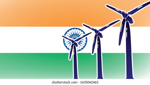 Wind renewable energy in India vector illustration - wind turbine on the flag background in colors orange, green, white