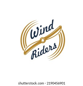 Wind riders. Aviation icon, pilot school or academy vintage emblem, aviators club or airplane repair service workshop retro badge. Vintage planes museum vector icon with aeroplane spinning propeller