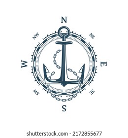 Der Wind erhob sich mit Anker. Nautische Kompasssymbol einzeln auf weißem Hintergrund. Design-Element für Meeresthema und Heraldry. EPS10.