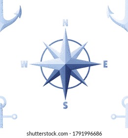 Wind rose and anchors vintage seamless pattern. Retro vector marine endless background