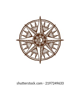 Wind of rose, antique compass, arrows pointing north-east, east-south, south-west and west-north isolated navigation equipment. Vector retro guidance equipment, seafarer maritime sign, tattoo design