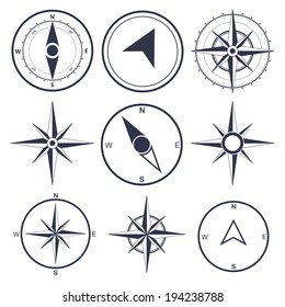 Wind Rose Compass Flat Vector Symbols Set