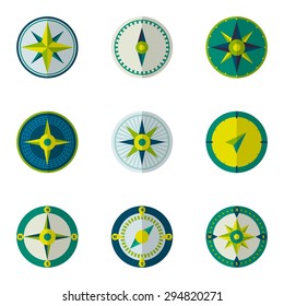 Wind rose compass flat vector symbols set