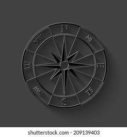 wind rose compass icon - black vector illustration with shadow on dark background