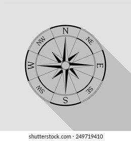 wind rose compass icon - black illustration with long shadow