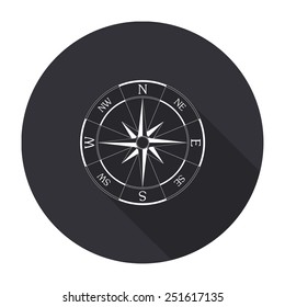 wind rose compass icon with long shadow - vector round button