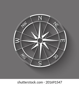wind rose compass icon - white vector illustration with shadow on gray background