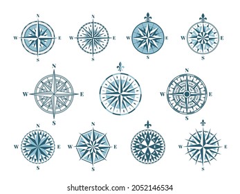 Wind Rose Compass Icons. Cartography Elements, Vintage Navigation. Marine Signs, East North Nautical Pointer. Discovery Arrow Tidy Vector Set