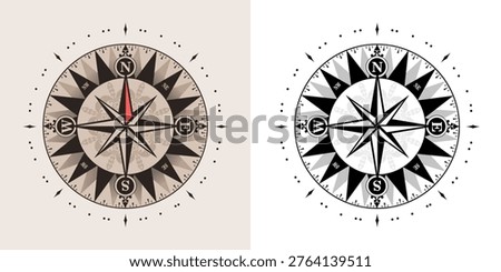 Wind Rose Compass Navigation design template. Pastel old color. Vector vintage wind rose symbol. Compass icon close up, isolated on white background. Colored and black and white elements.