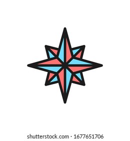 Wind rose, compass, navigation flat color line icon.