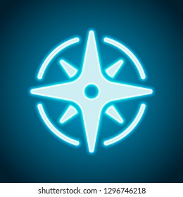 Wind rose, compass with star, icon. Neon style. Light decoration icon. Bright electric symbol