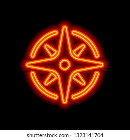 Wind rose, compass with star, icon. Orange neon style on black background. Light icon