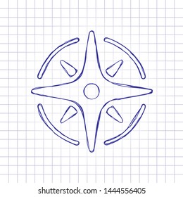 Wind rose, compass with star, icon. Hand drawn picture on paper sheet. Blue ink, outline sketch style. Doodle on checkered background