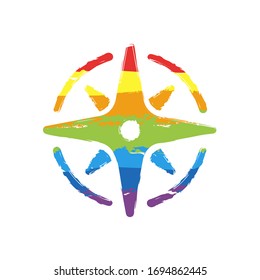 Wind rose, compass with star, icon. Drawing sign with LGBT style, seven colors of rainbow (red, orange, yellow, green, blue, indigo, violet