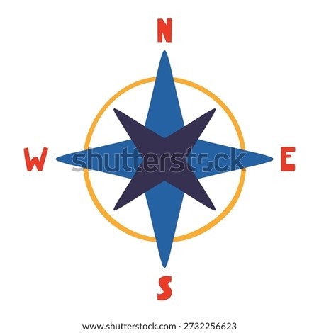 Wind rose, compass star isolated on transparent background. Hand drawn flat vector illustration. Kids nautical print, design element, clip art. Map element, cardinal directions, heraldic symbol