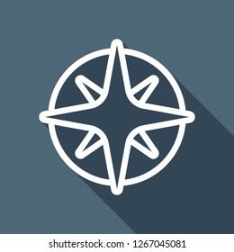 Wind Rose, Compass With Star, Outline Linear Icon. White Flat Icon With Long Shadow On Blue Background