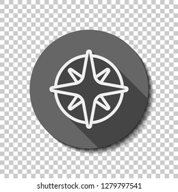 Wind rose, compass with star, outline linear icon. flat icon, long shadow, circle, transparent grid. Badge or sticker style