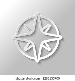 Wind rose, compass with star, outline linear icon. Paper style with shadow on gray background