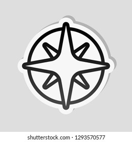 Wind rose, compass with star, outline linear icon. Sticker style with white border and simple shadow on gray background