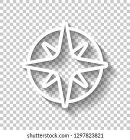 Wind rose, compass with star, outline linear icon. White icon with shadow on transparent background