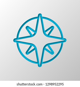 Wind rose, compass with star, outline linear icon. Paper design. Cutted symbol with shadow