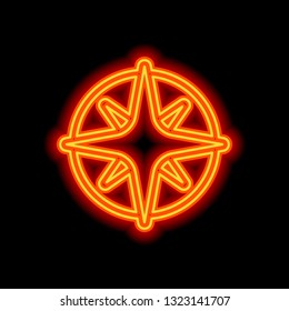 Wind rose, compass with star, outline linear icon. Orange neon style on black background. Light icon