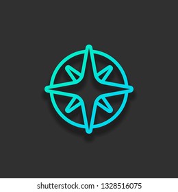 Wind rose, compass with star, outline linear icon. Colorful logo concept with soft shadow on dark background. Icon color of azure ocean