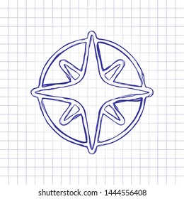 Wind rose, compass with star, outline linear icon. Hand drawn picture on paper sheet. Blue ink, outline sketch style. Doodle on checkered background