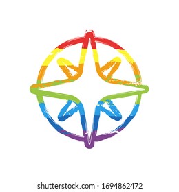 Wind rose, compass with star, outline linear icon. Drawing sign with LGBT style, seven colors of rainbow (red, orange, yellow, green, blue, indigo, violet