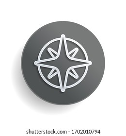 Wind rose, compass with star, outline linear icon. White paper symbol on gray round button or badge with shadow