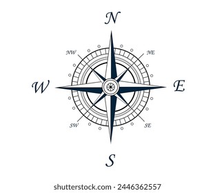 Wind Rose and compass vector in black and white color on isolated white background. Vector illustration on white isolated background. Icon and symbol.